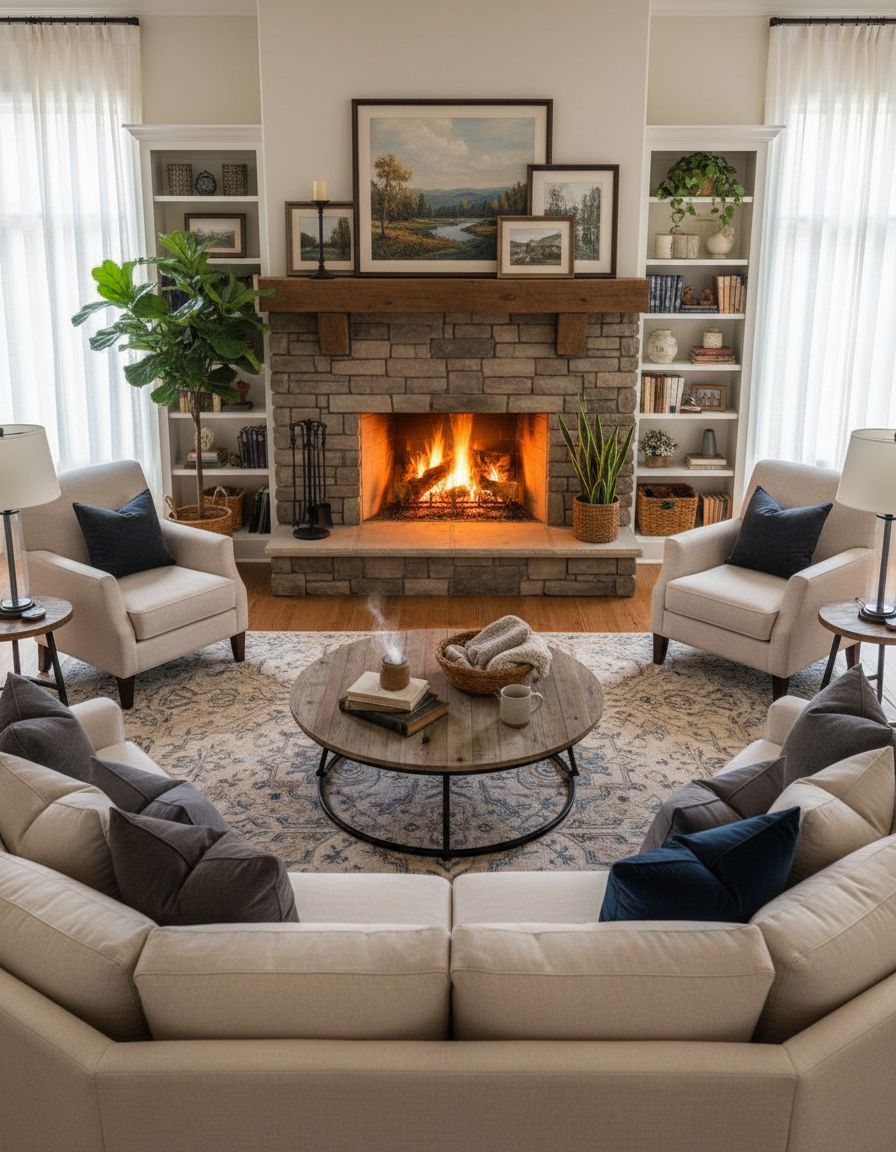 Cozy Living Room Centered Around a Fireplace