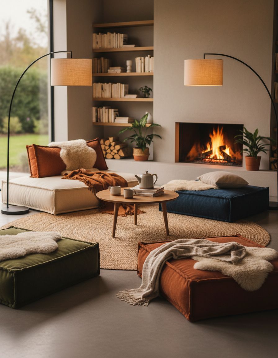 Cozy Living Room Featuring Oversized Floor Cushions