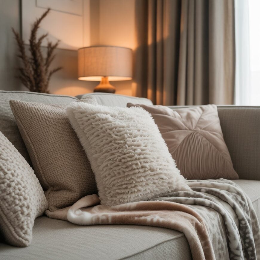 Beige sofa with textured and fluffy pillows, a soft throw blanket, and a warm table lamp in the background.
