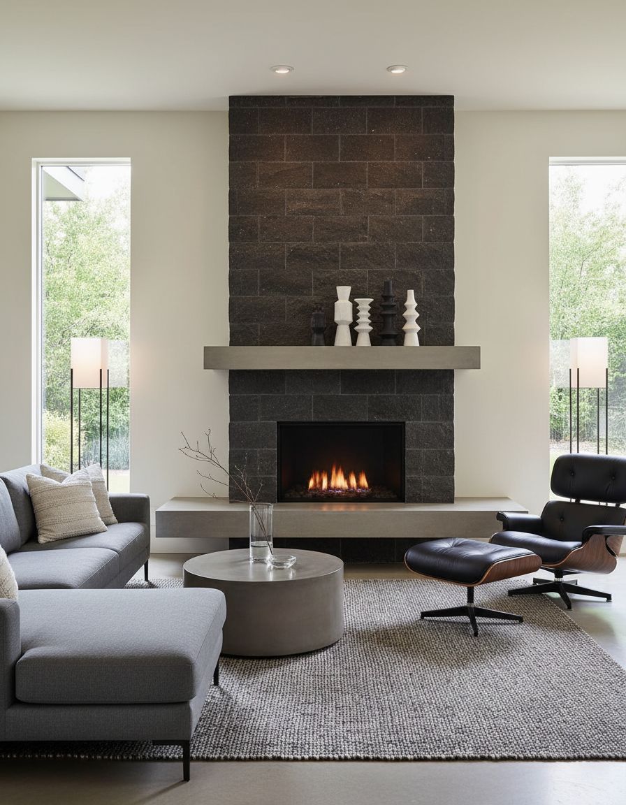 Dark Charcoal Stone Fireplace with Contemporary Furniture