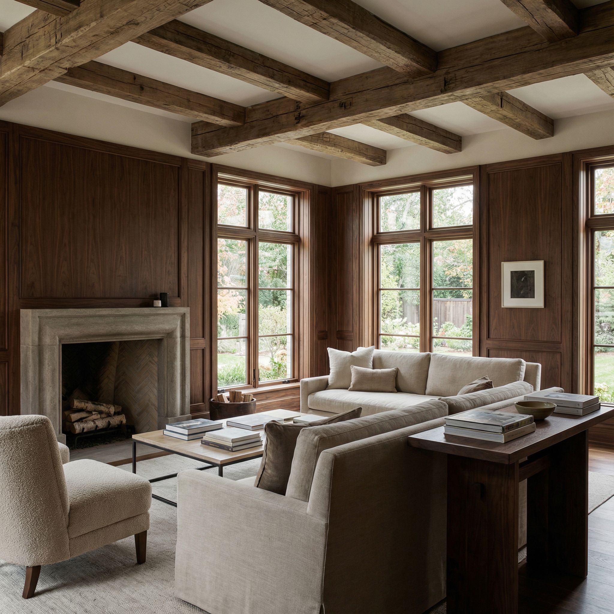 Dark Walnut Panel Living Room with Reclaimed Oak Beams