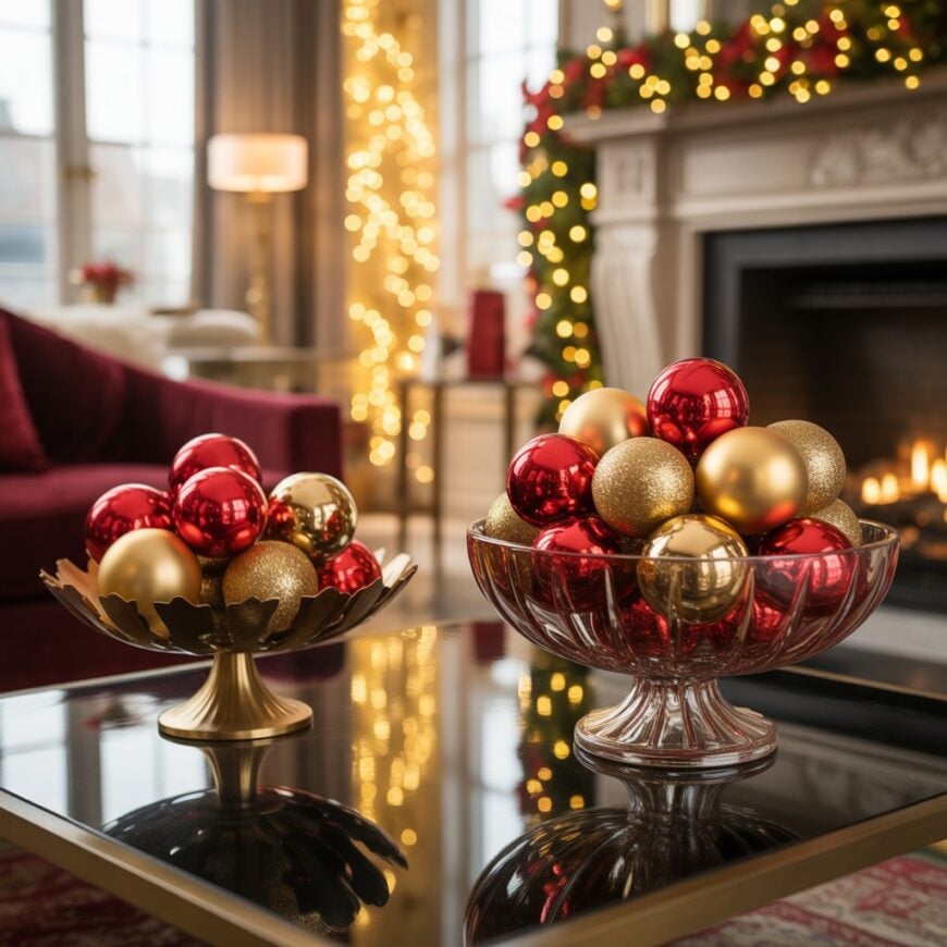 Glass and gold bowls filled with red and gold Christmas ornaments sit on a table in a decorated living room with a fireplace and lights.