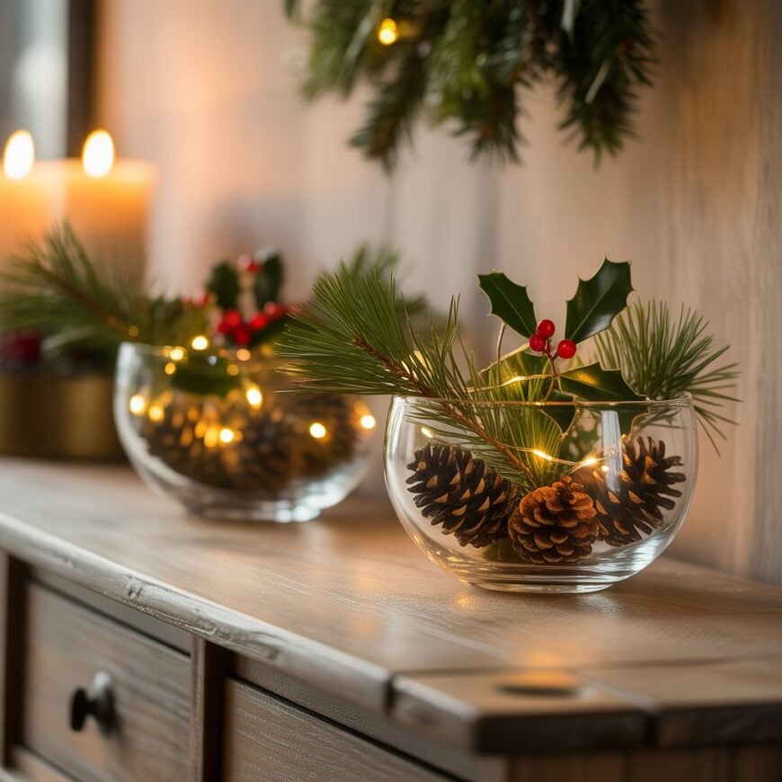 Glass bowls filled with pinecones, pine branches, holly, and small string lights on a wooden surface with candles in the background.