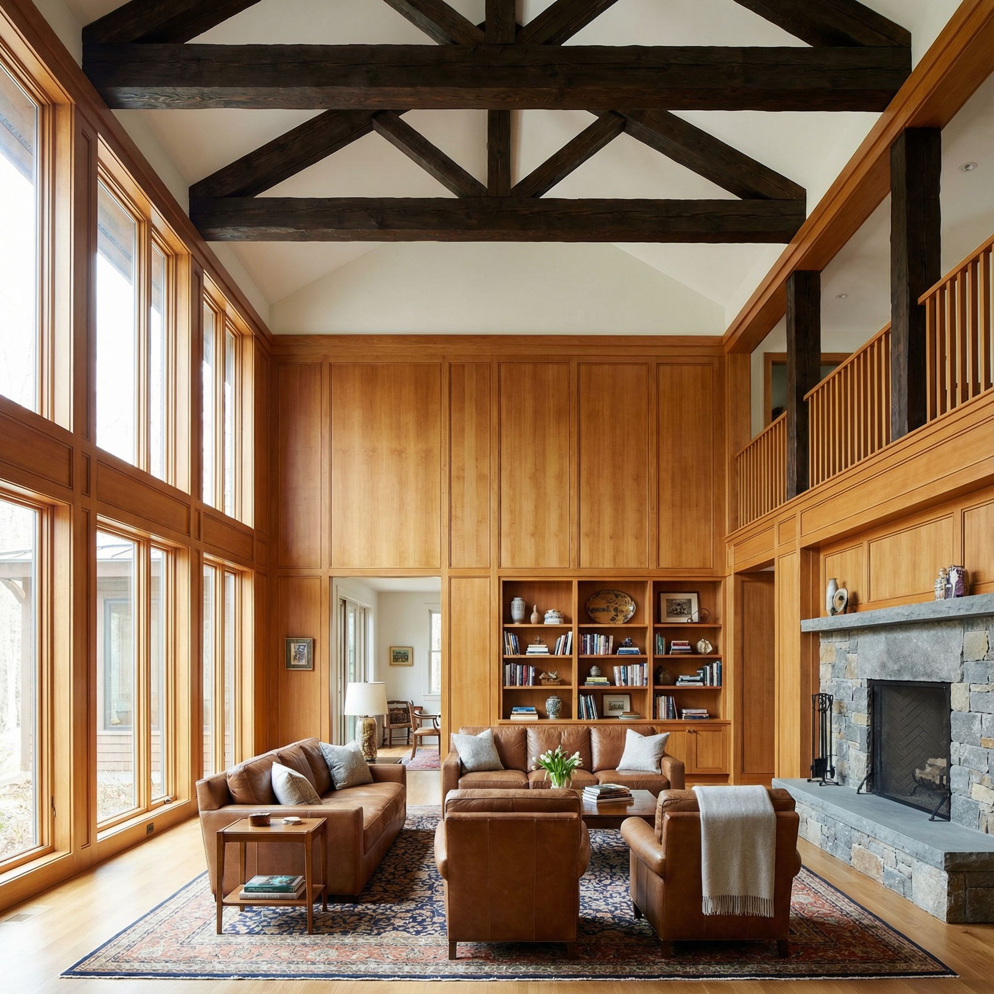 Double-Height Wood Panelled Living Room with Structural Exposed Beams