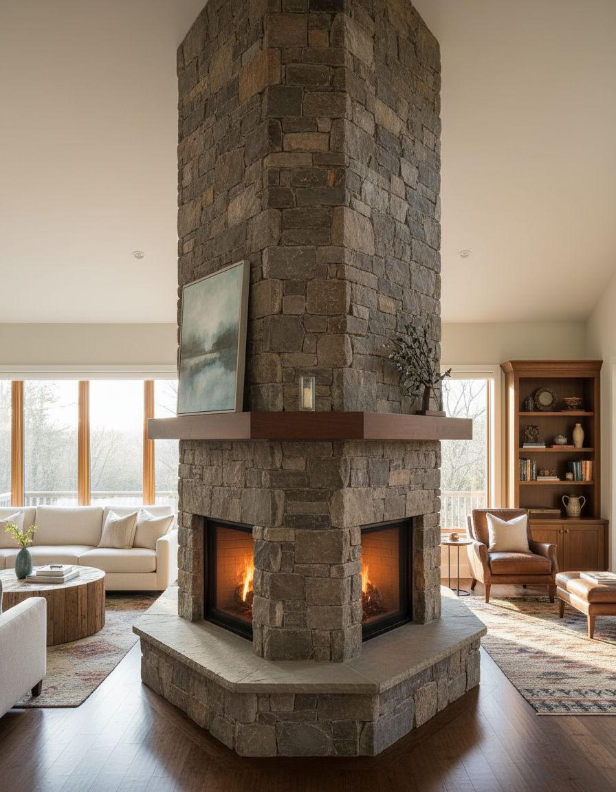 Double-Sided Stone Fireplace Dividing Living Spaces