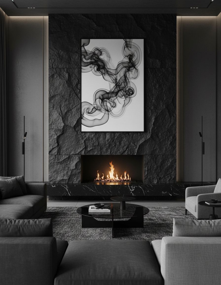 Dramatic Black Stone Fireplace in Monochromatic Living Room