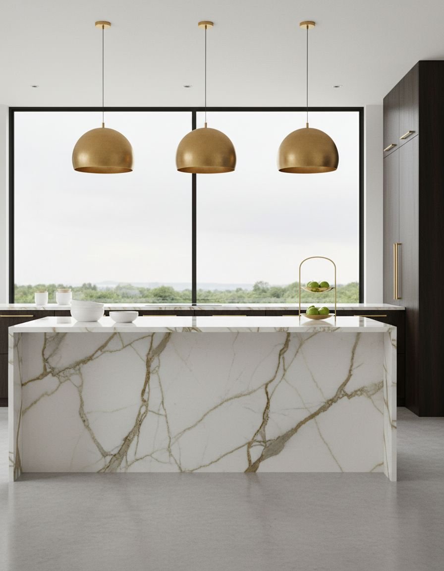 Dramatic Calacatta Marble Waterfall Island with Gold Veining