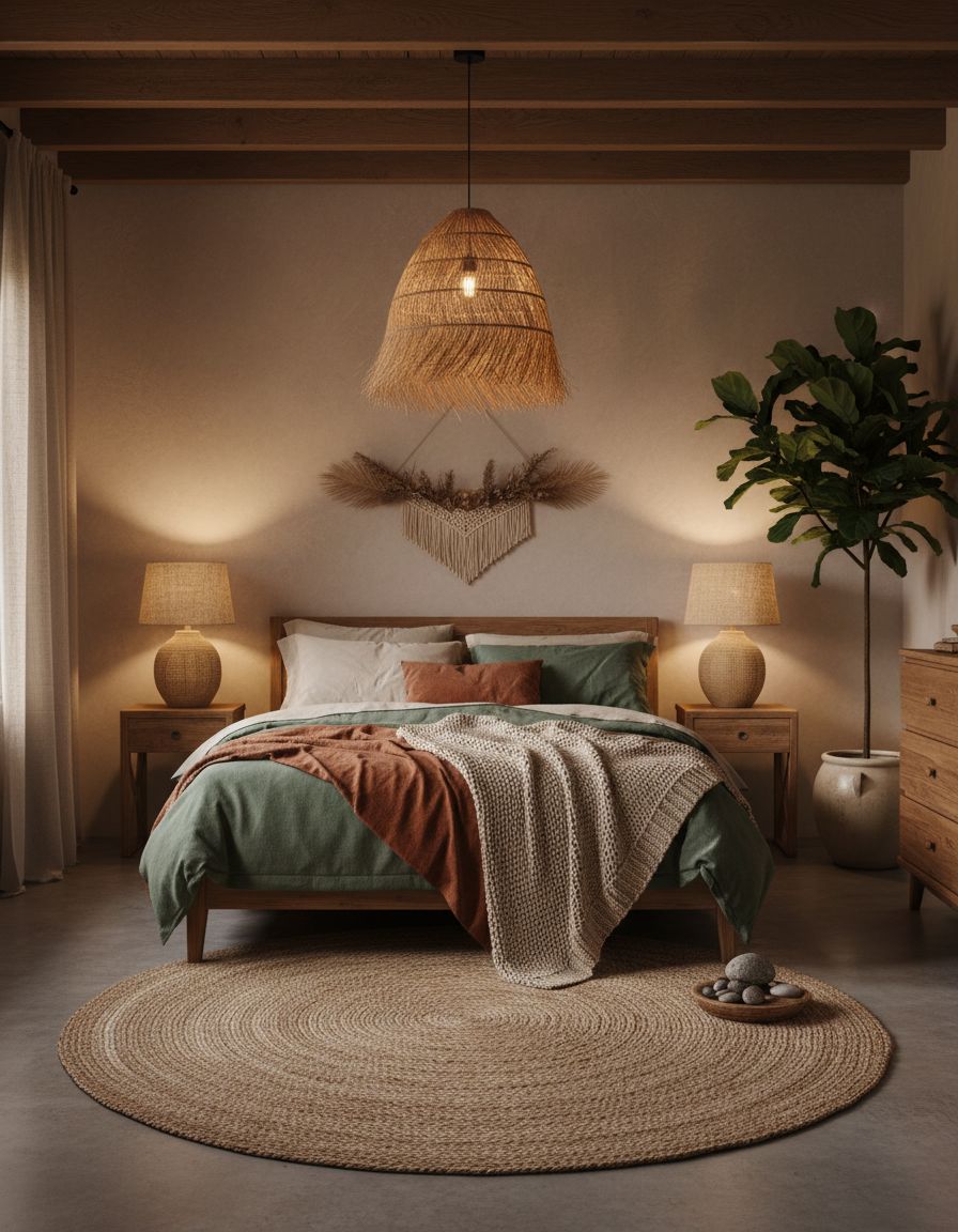 Earthy Bedroom Ideas Using Natural Fiber Lampshades