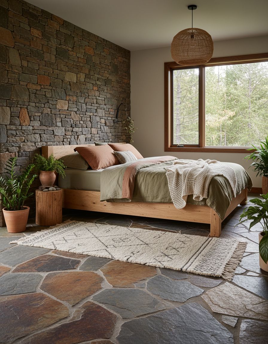 Earthy Bedroom Ideas with Natural Stone Flooring