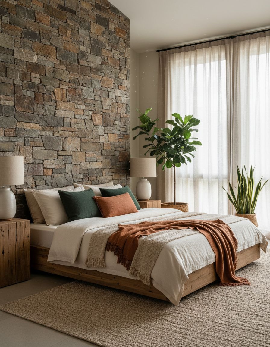 Earthy Bedroom Ideas with Stone Accent Walls