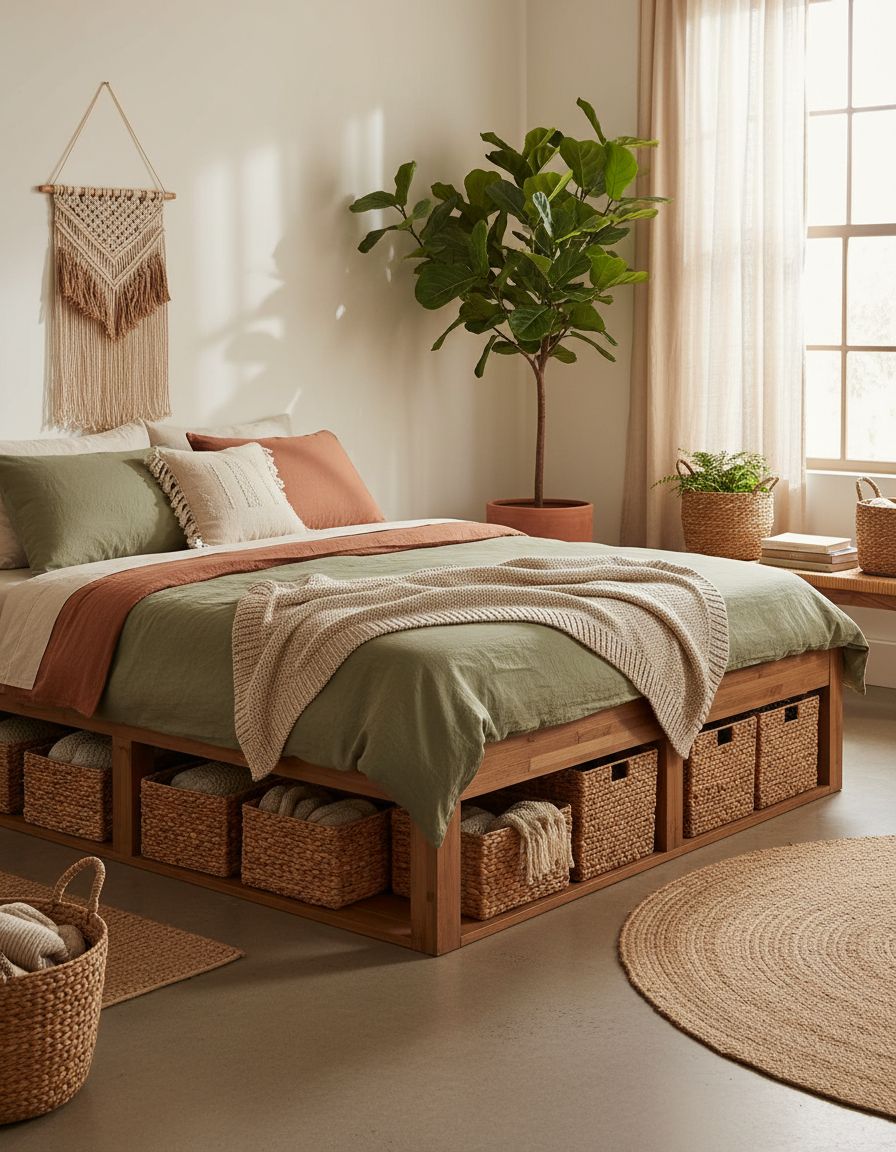 Earthy Bedroom Ideas with Wicker Storage Baskets