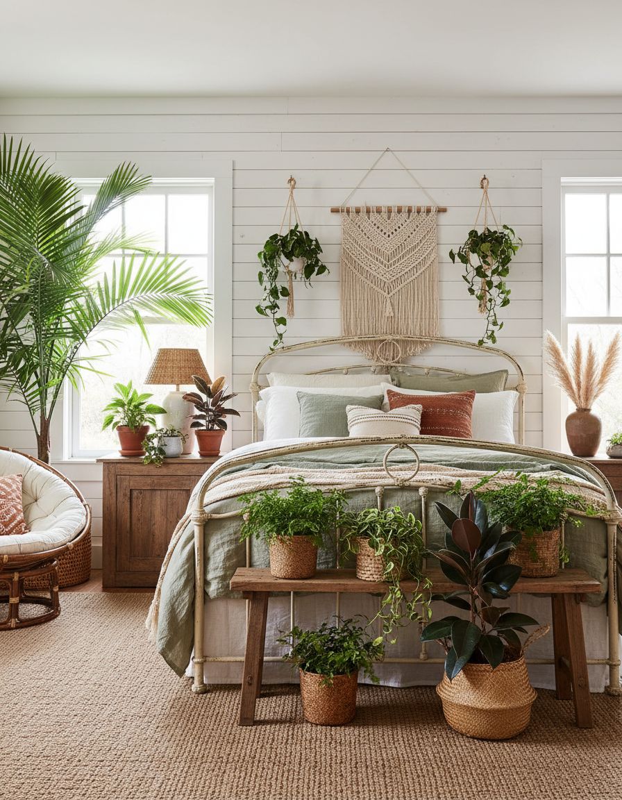 Earthy Plant-Filled Boho Farmhouse Bedroom