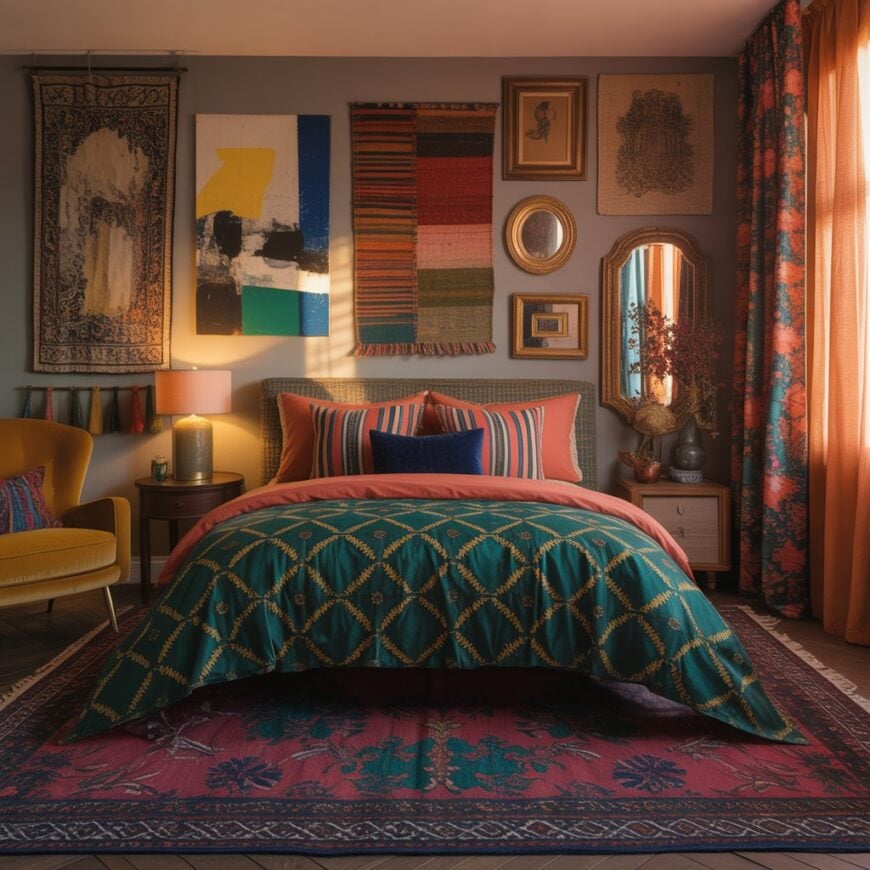 A colorful bedroom with patterned bedding, striped pillows, wall art and textiles, a yellow chair, a bedside table with a lamp, and warm orange curtains.