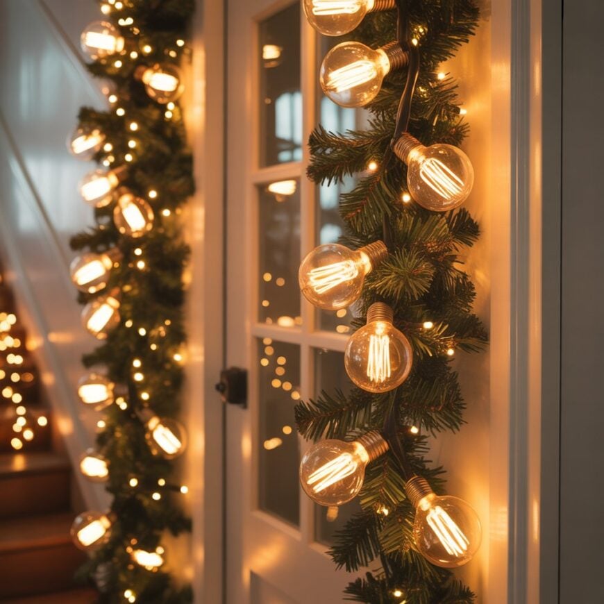 Garland wrapped with warm Edison-style string lights hanging around a doorway.