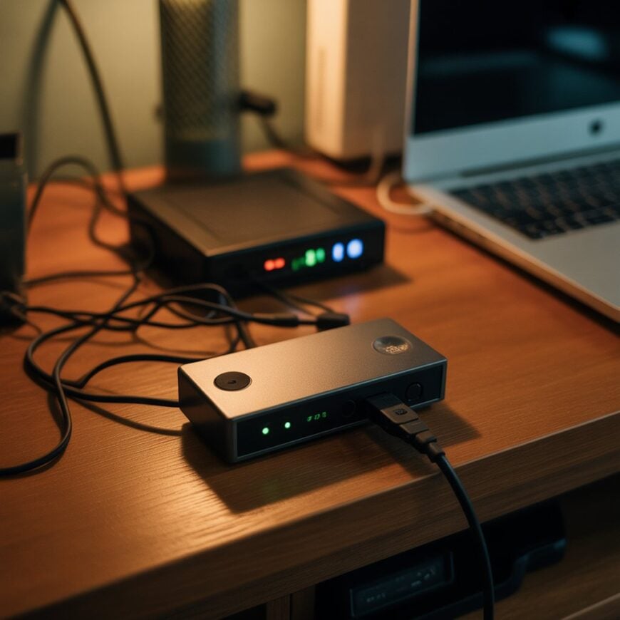 Small audio or tech devices with cables plugged in on a desk next to a laptop.