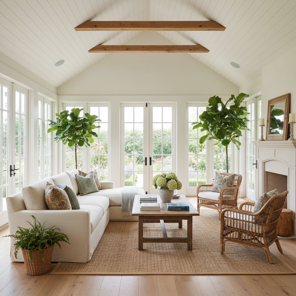 Enclosed Farmhouse Living Room with French Doors