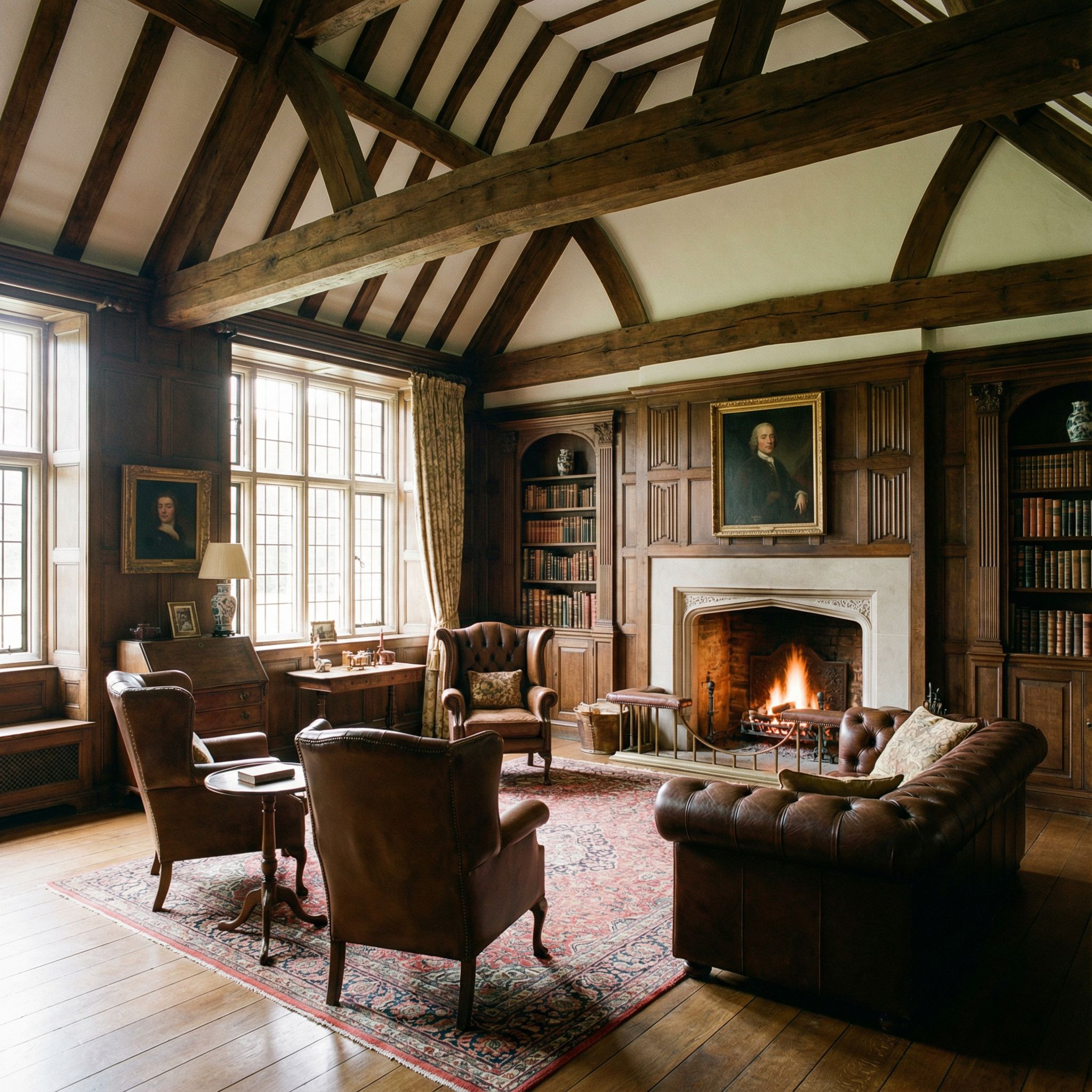 English Manor Wood Panelled Living Room with Tudor-Style Beams