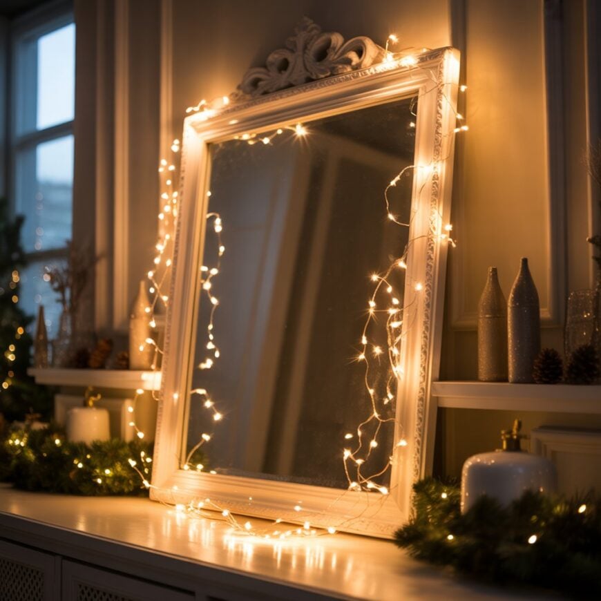 Large white-framed mirror decorated with warm string lights and greenery on a shelf.