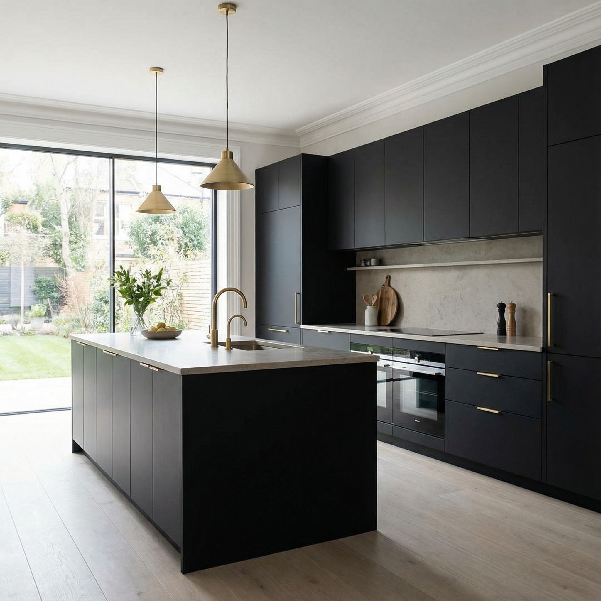 European Matte Black Kitchen with Brass Fixtures