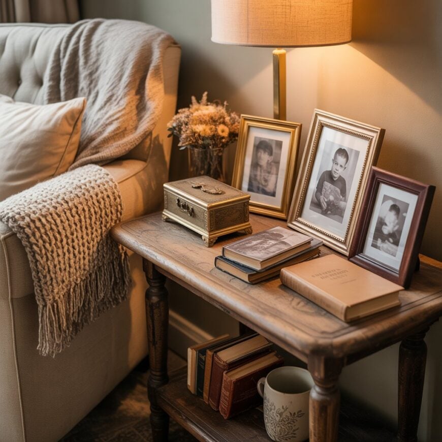 A small wooden side table with framed photos, books, a decorative box, a mug, and a lamp beside a beige sofa with a knit blanket.