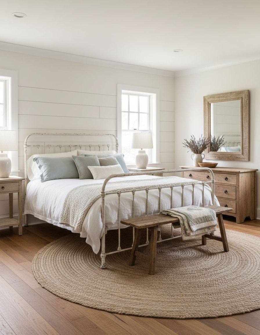 Farmhouse Bedroom Featuring Iron Bed Frames