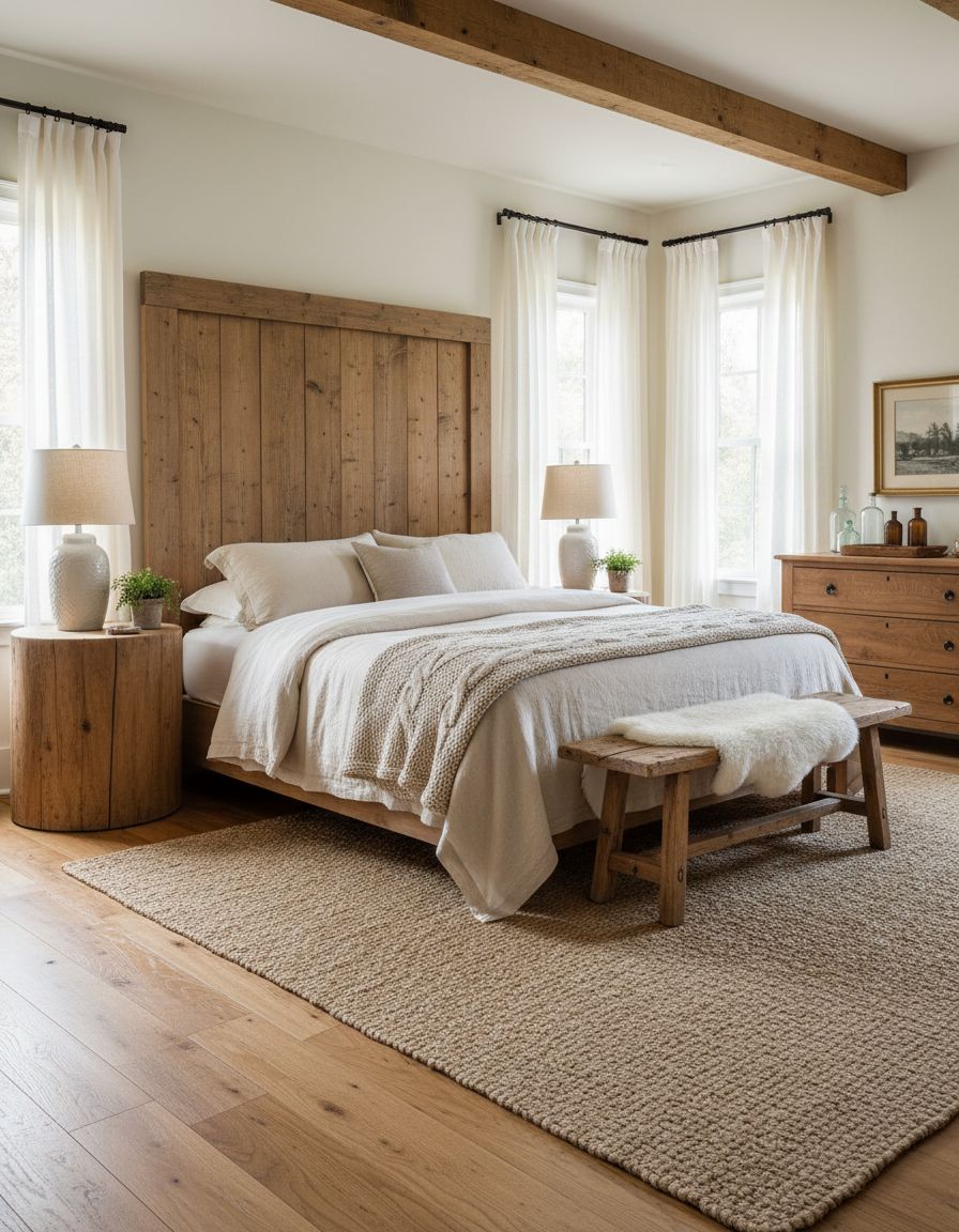 Farmhouse Bedroom Incorporating Natural Wood Tones