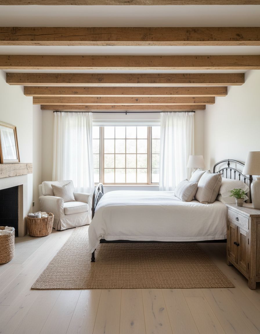 Farmhouse Bedroom with Exposed Wood Beams
