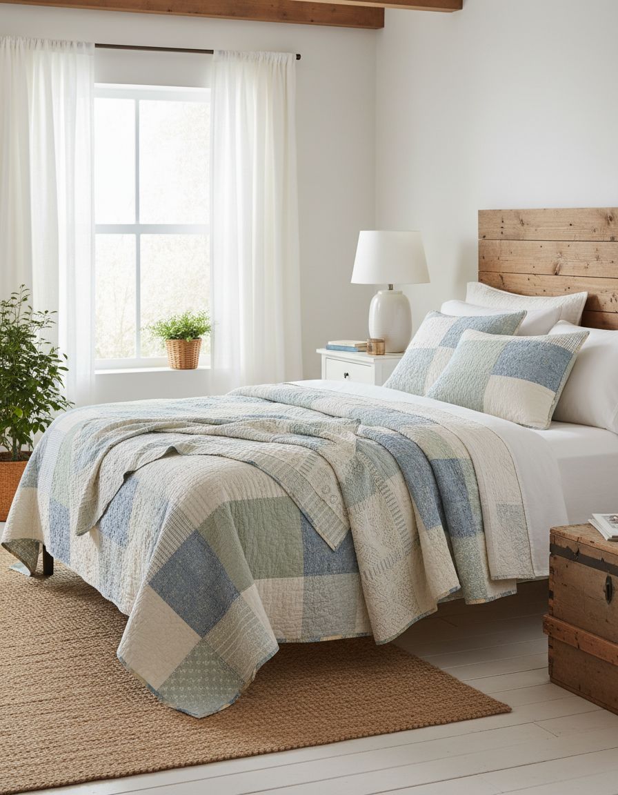 Farmhouse Bedroom with Quilted Throw Blankets