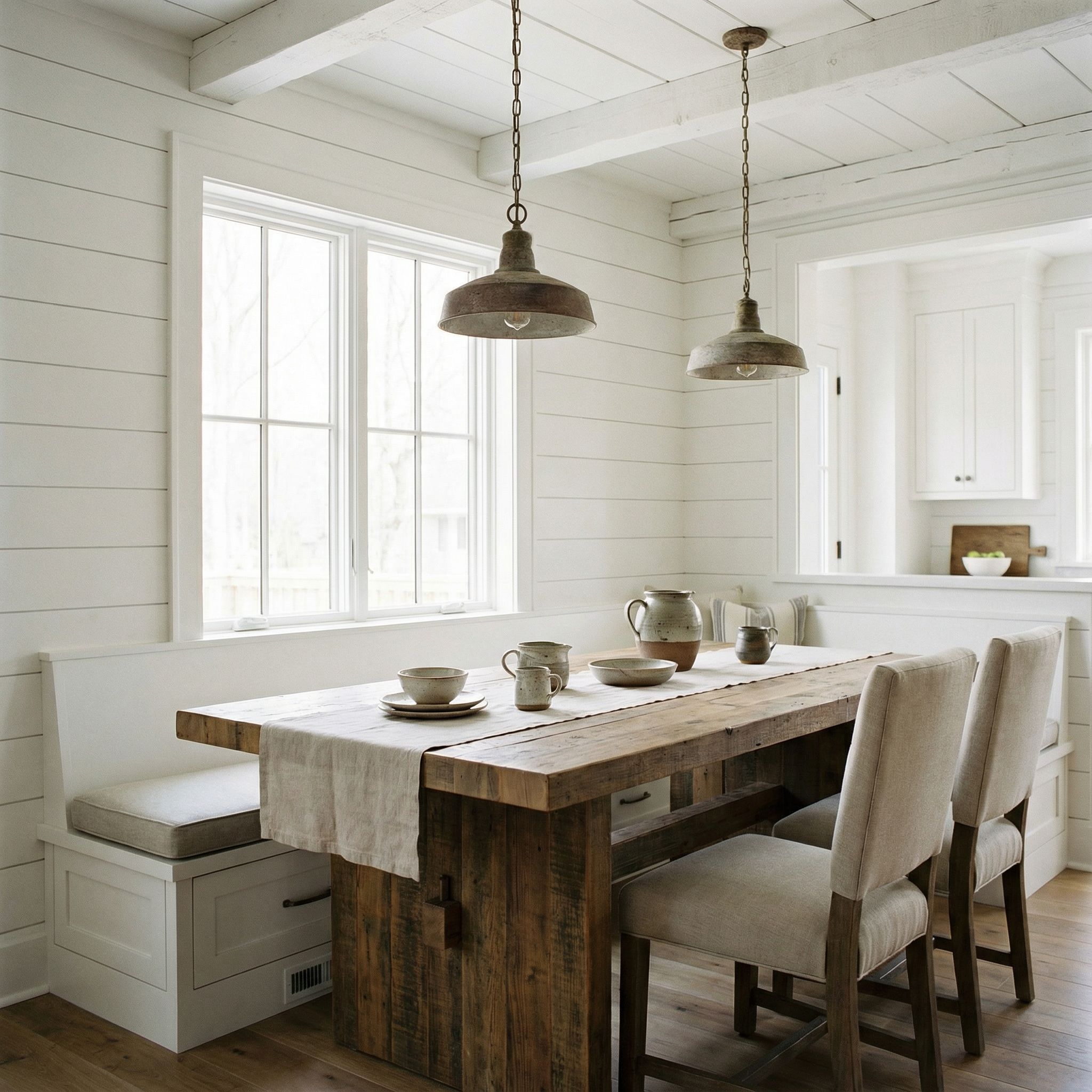 Farmhouse Kitchen Island Dining Nook with Shiplap