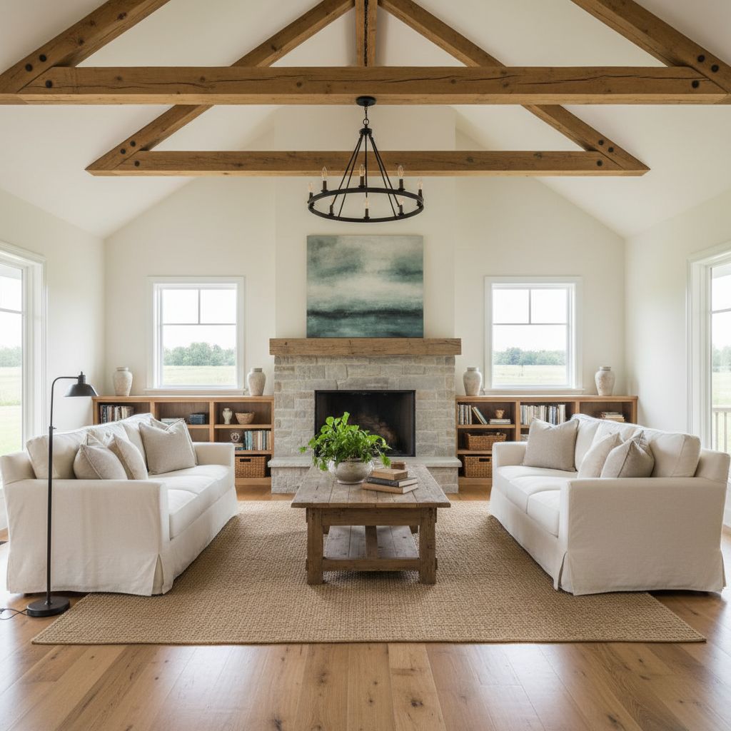 Farmhouse Living Room with Exposed Beam Architecture