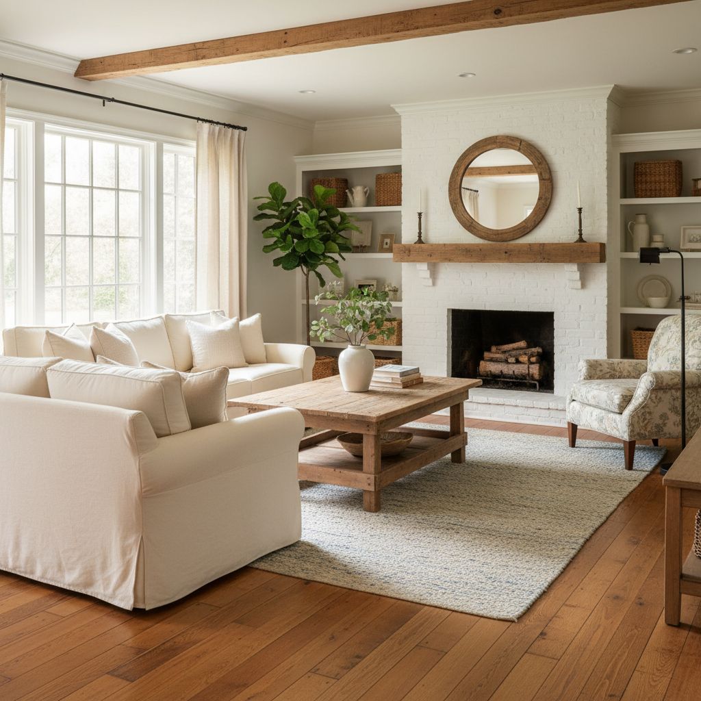 Farmhouse Living Room with Original Hardwood Floors