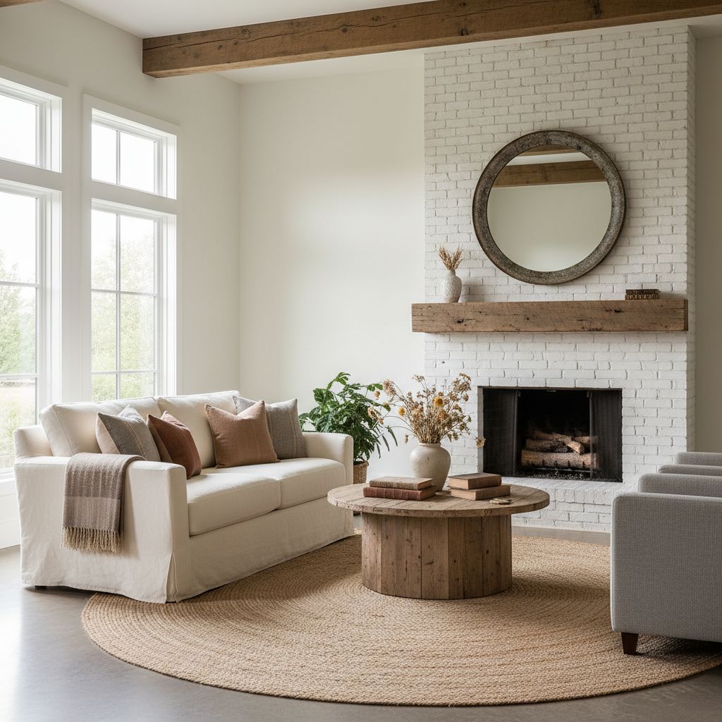 Farmhouse Living Room with Reclaimed Wood Mantel