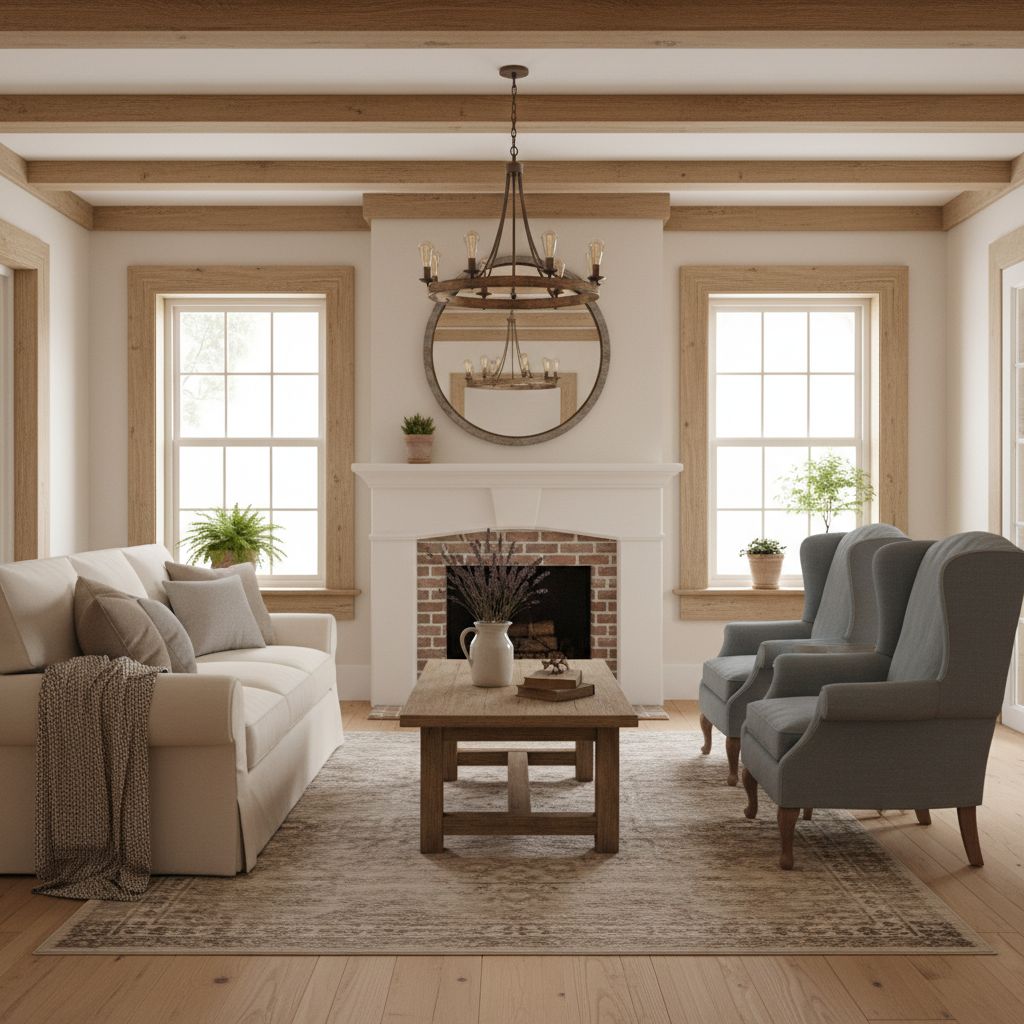 Farmhouse Living Room with Vintage Window Trim