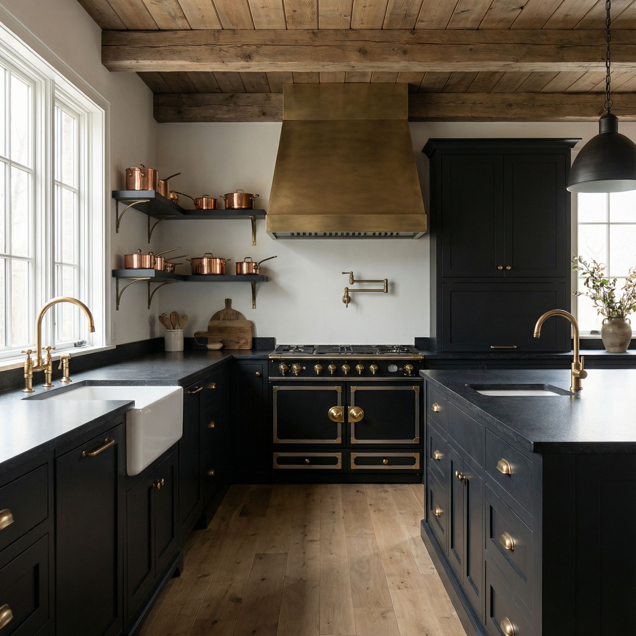 Farmhouse Matte Black Kitchen with Brass Details
