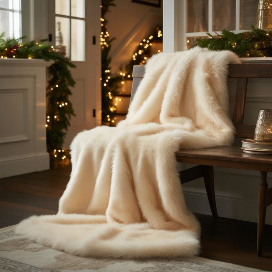 Cream faux fur throw draped over a wooden bench in a decorated entryway with holiday lights and greenery.