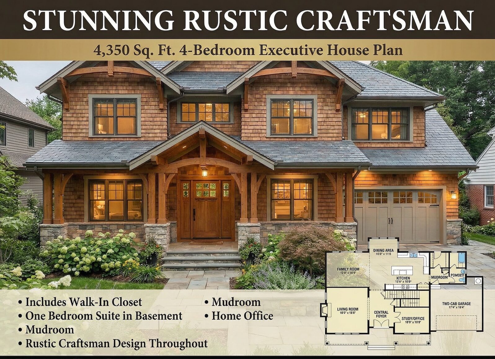Stunning Rustic Craftsman 4,350 Sq. Ft. 4-Bedroom Executive House Plan