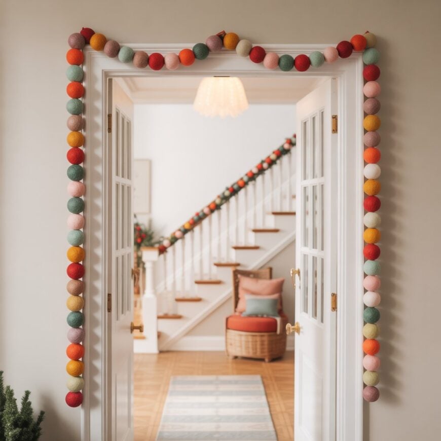 Colorful felt ball garland hanging around a doorway, with matching garland on the staircase in a bright hallway.