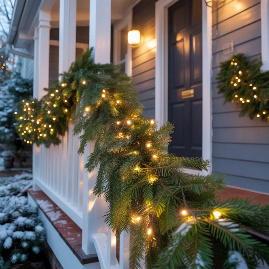 A pine garland with string lights is draped along a porch railing near a front door.