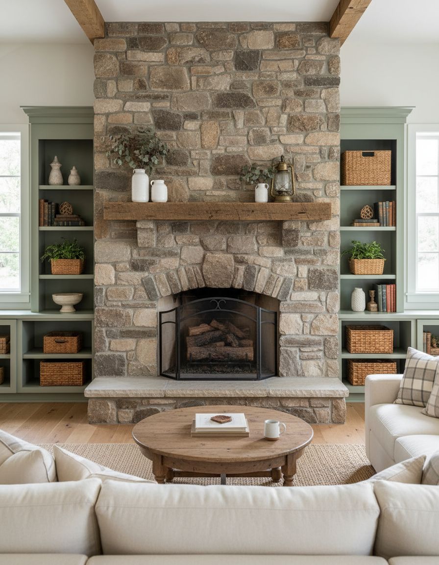 Fieldstone Fireplace in Farmhouse Style Living Room