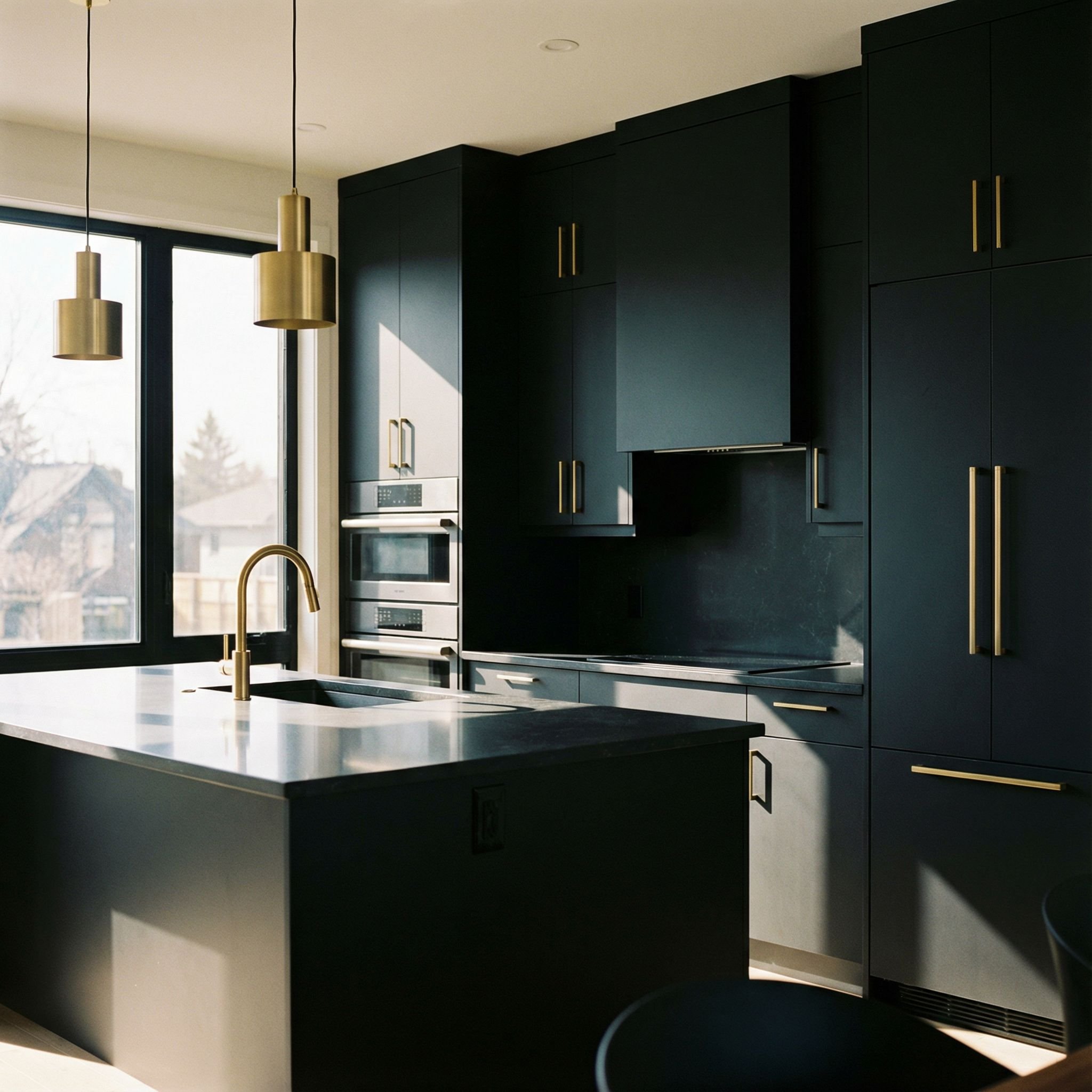 Flat Panel Matte Black Kitchen with Brass
