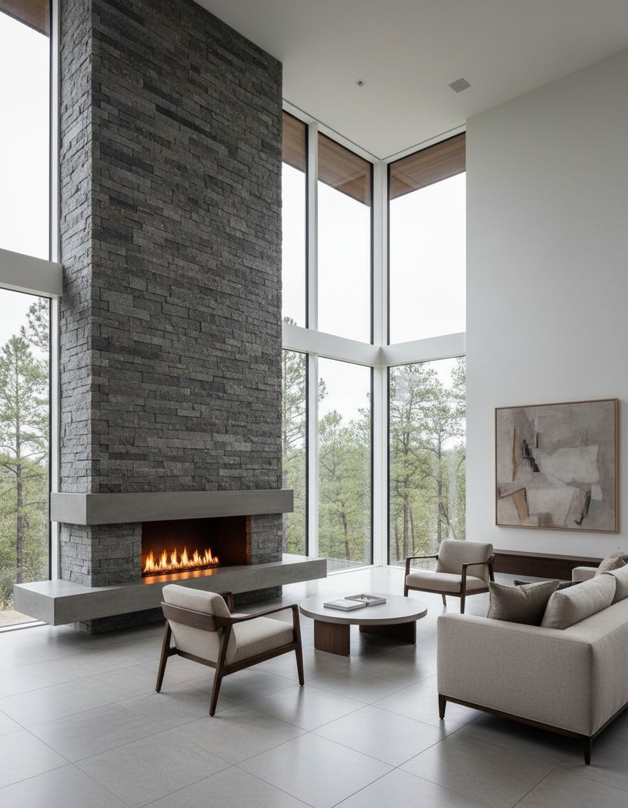 Floor-to-Ceiling Stone Fireplace in Modern Minimalist Living Room