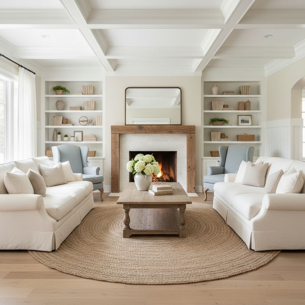 Formal Farmhouse Living Room with Crown Molding