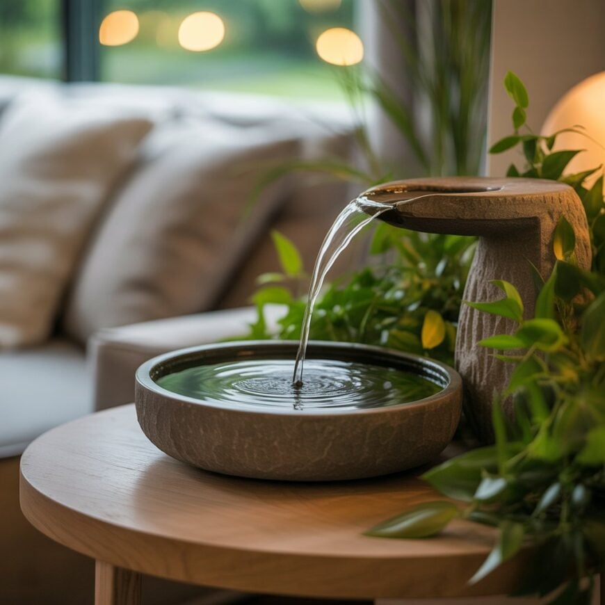 A small tabletop fountain with water flowing into a round basin, surrounded by green plants on a wooden side table.