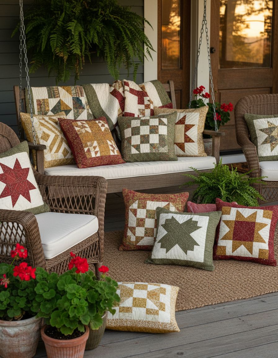 Front Porch Decorated with Quilted Throw Pillows