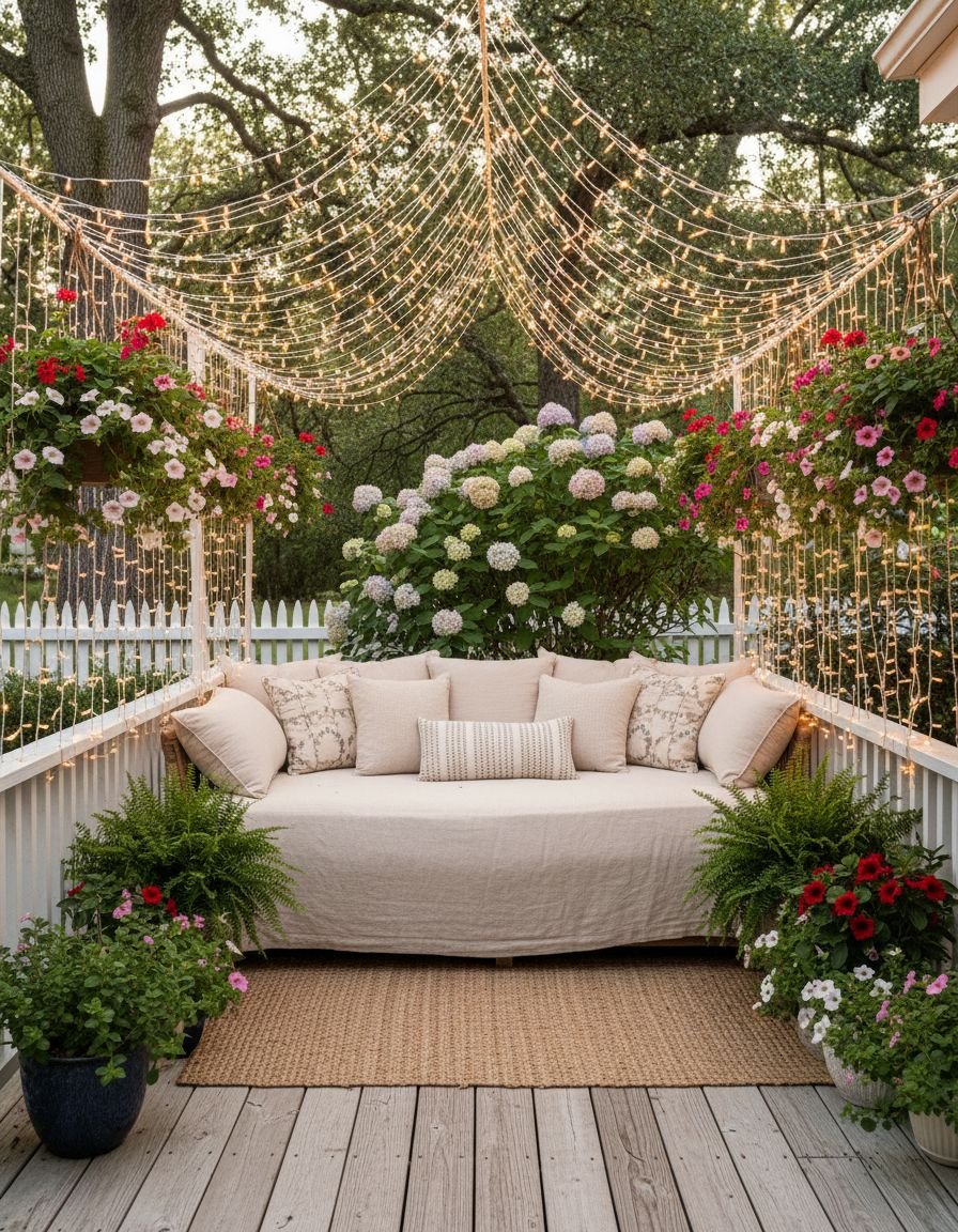 Front Porch String Lights Canopy Over Daybed Seating