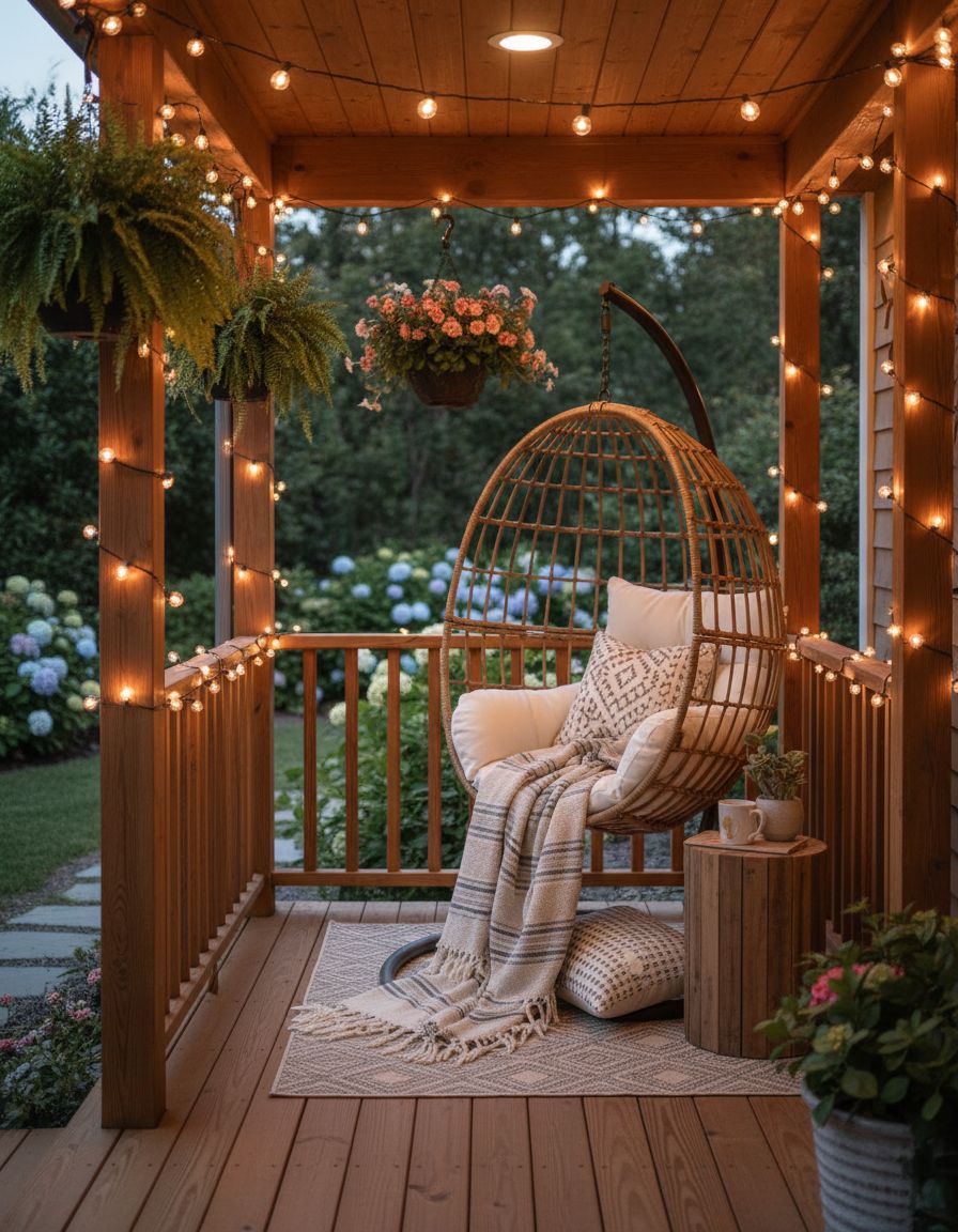 Front Porch String Lights with Hanging Egg Chair Seating