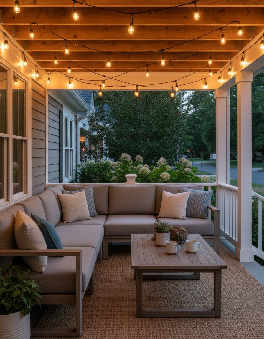 Front Porch String Lights with Outdoor Sectional Sofa Seating