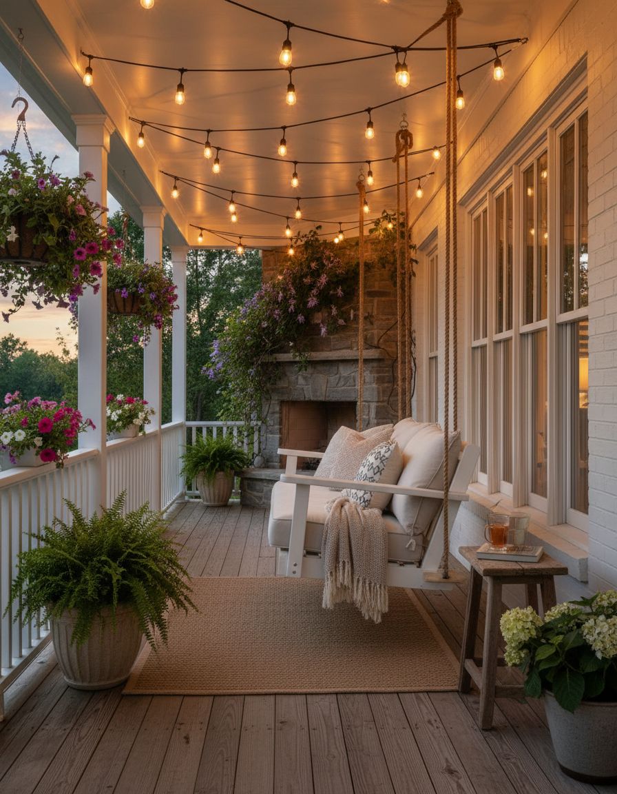 Front Porch String Lights with Porch Swing Seating