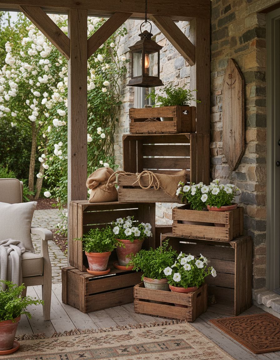 Front Porch with Rustic Wooden Crates