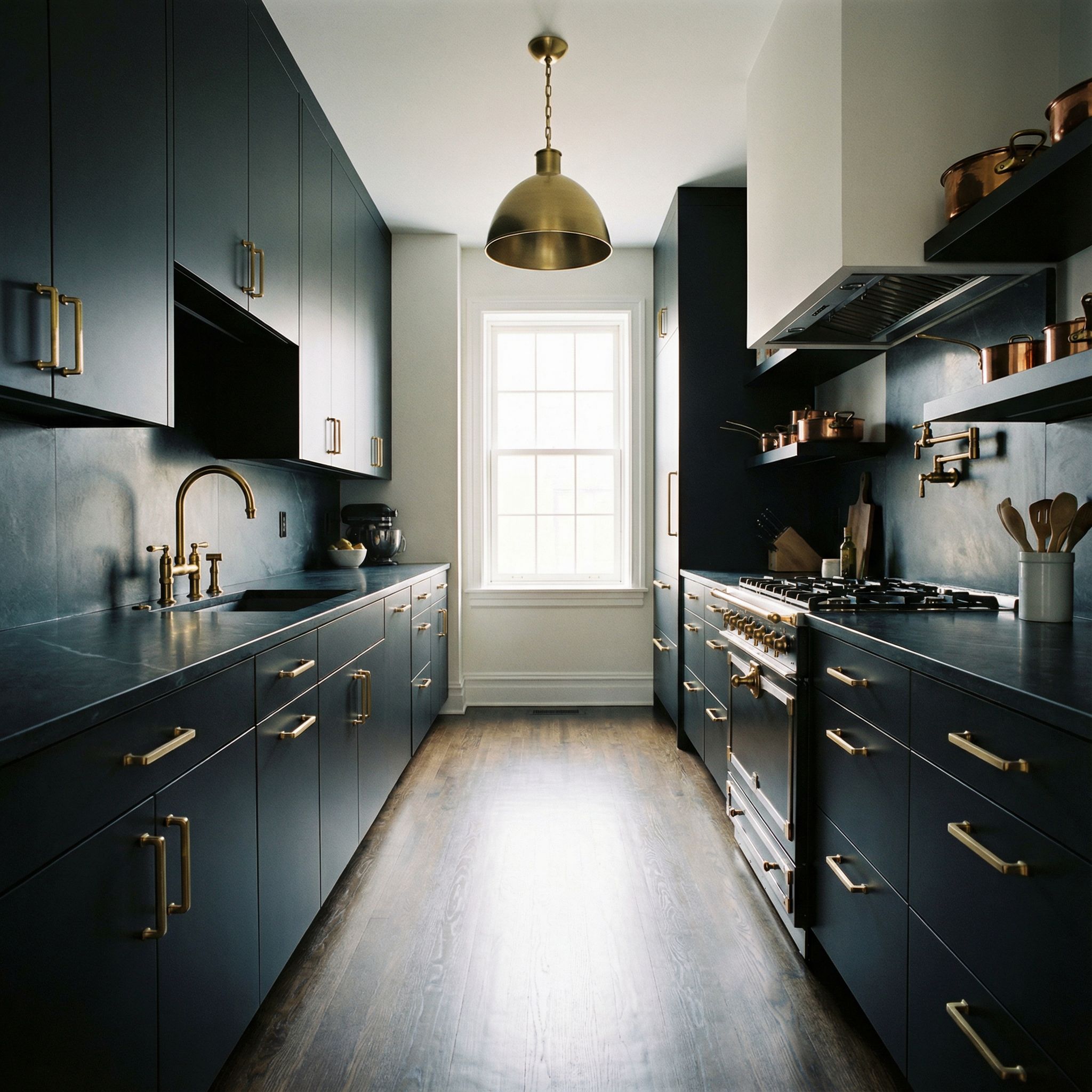 Galley Matte Black Kitchen with Brass Hardware